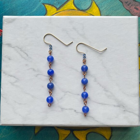Blue Lapis Round Glass Bead Dangle Drop Earrings - Picture 3 of 5